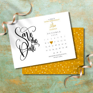 Any Age Birthday Save the Date Calendar Gold Heart Announcement Postcard