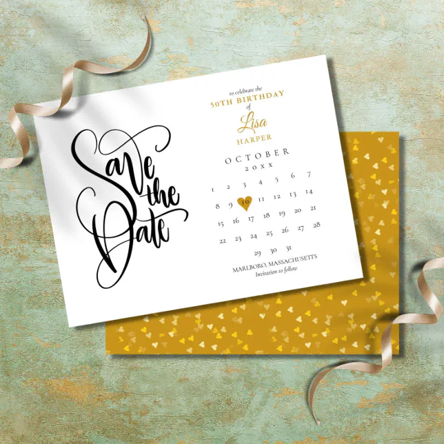 Any Age Birthday Save The Date Calendar Gold Heart Announcement 