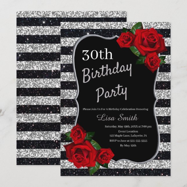 Any Age Birthday Silver And Black Glitter Red Rose Invitation (Front/Back)