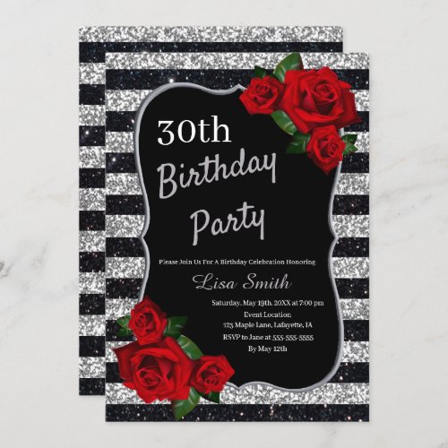 Any Age Birthday Silver And Black Glitter Red Rose Invitation