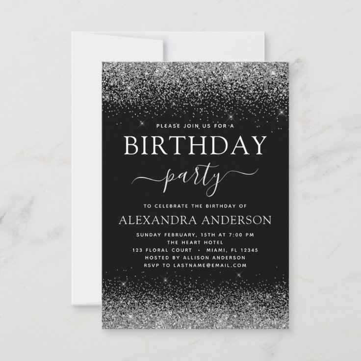 Any Age Birthday Silver Black Modern Glitter Invitation | Zazzle