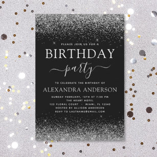 Any Age Birthday Silver Black Modern Glitter Invitation