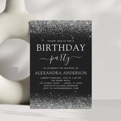 Any Age Birthday Silver Black Modern Glitter Invitation