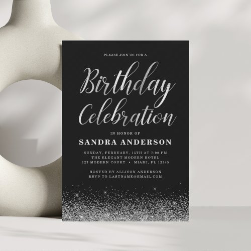 Any Age Birthday Silver Black Modern Glitter Invitation