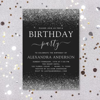 Any Age Birthday Silver Black Modern Glitter Invitation | Zazzle