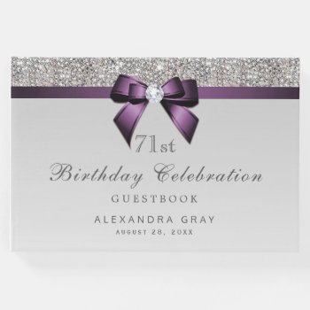 Any Age Birthday Silver Faux Sequins Purple Bow Guest Book by GroovyGraphics at Zazzle