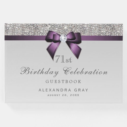 Any Age Birthday Silver Faux Sequins Purple Bow Guest Book