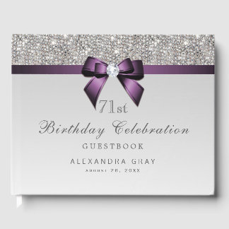 Any Age Birthday Silver Faux Sequins Purple Bow Guest Book