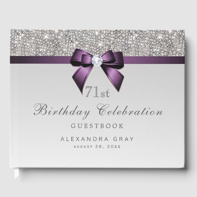 Any Age Birthday Silver Faux Sequins Purple Bow Guest Book (Front)