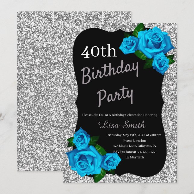 Any Age Birthday Silver Glitter Blue Roses Invitation (Front/Back)