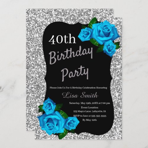 Any Age Birthday Silver Glitter Blue Roses Invitation
