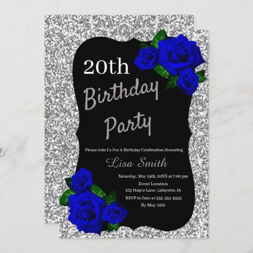 Any Age Birthday Silver Glitter Deep Blue Roses Invitation