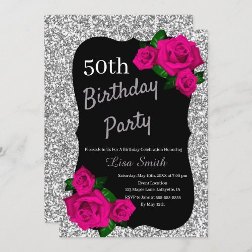 Any Age Birthday Silver Glitter Pink Roses Invitation