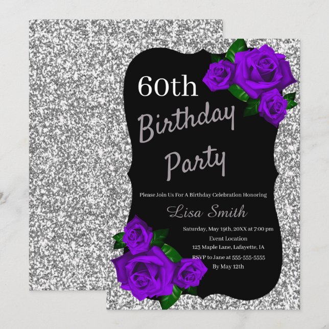 Any Age Birthday Silver Glitter Purple Roses Invitation (Front/Back)
