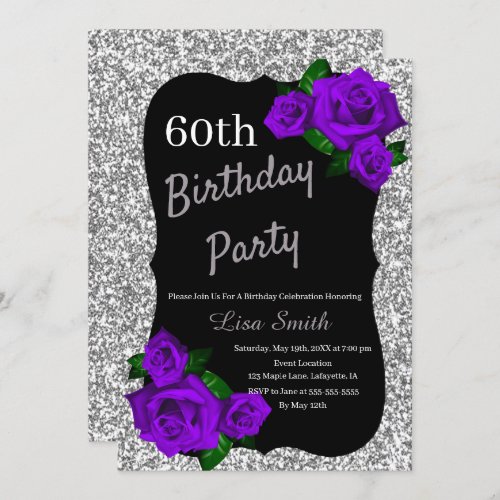 Any Age Birthday Silver Glitter Purple Roses Invitation