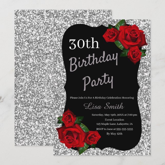 Any Age Birthday Silver Glitter Red Roses Invitation (Front/Back)