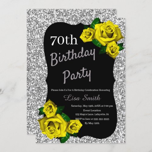 Any Age Birthday Silver Glitter Yellow Roses Invitation