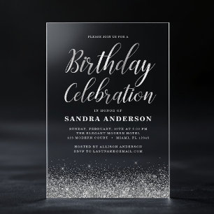 Any Age Birthday Silver Modern Glitter Acrylic Invitations