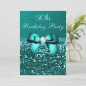 Any Age Birthday Teal Glitter Diamond Bow Invitation (Standing Front)