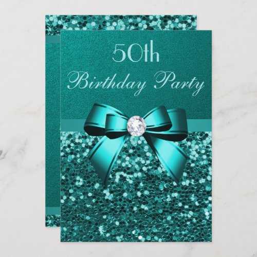 Any Age Birthday Teal Glitter Diamond Bow Invitation