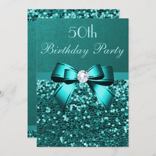 Any Age Birthday Teal Glitter Diamond Bow Invitation (Front/Back)