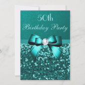 Any Age Birthday Teal Glitter Diamond Bow Invitation (Front)