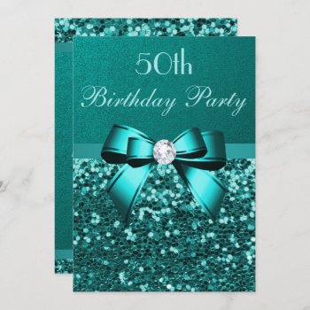 Any Age Birthday Teal Glitter Diamond Bow Invitation by GroovyGraphics at Zazzle