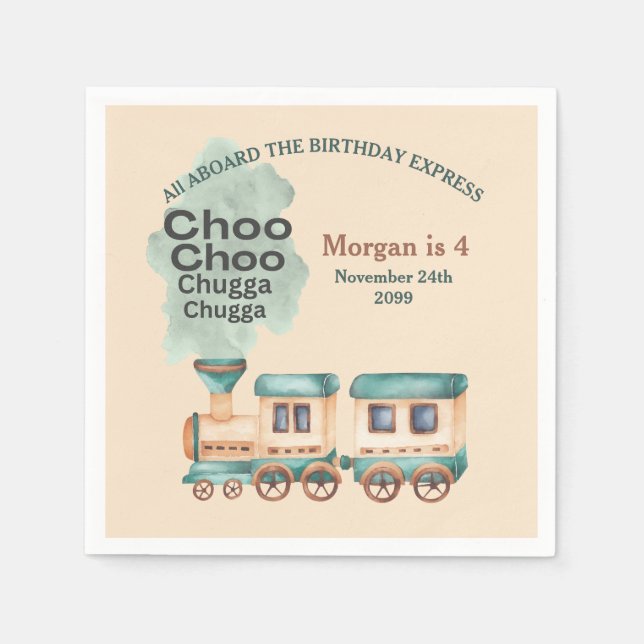 Any Age Birthday Train Party All Aboard Watercolor Napkins (Front)