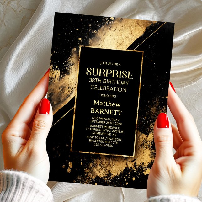 Any Age Black and Gold Surprise Birthday Party Invitation (Creator Uploaded)