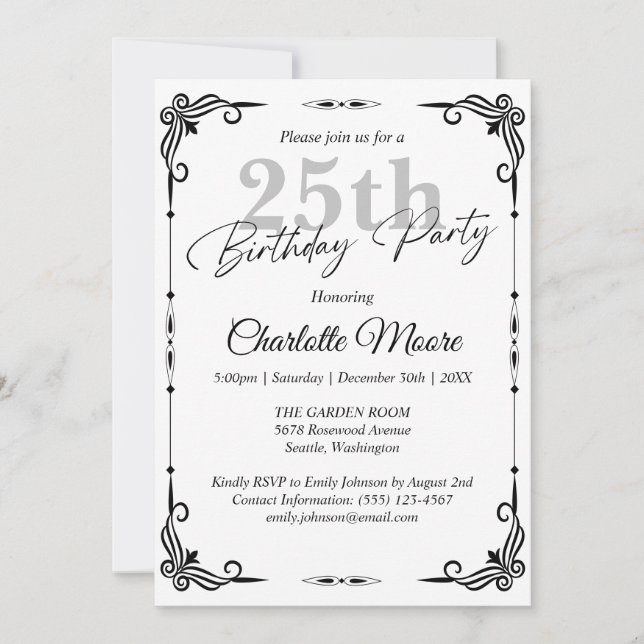Any Age Black and White Birthday Modern Invitation (Front)