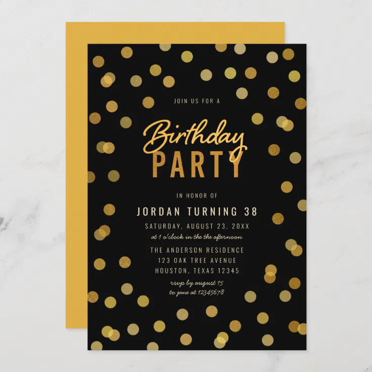 Any Age Black & Faux Gold Confetti Birthday Party Invitation | Zazzle