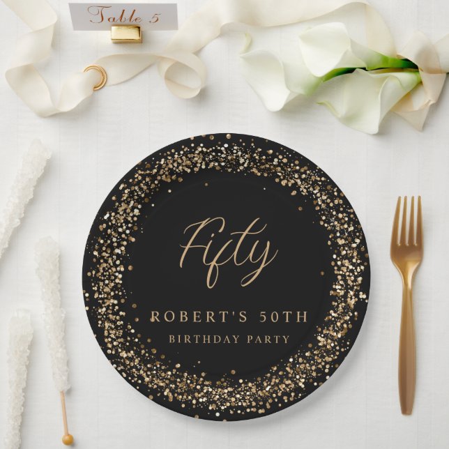 Any Age Black Gold Glitter Birthday Party Paper Plates (Wedding)