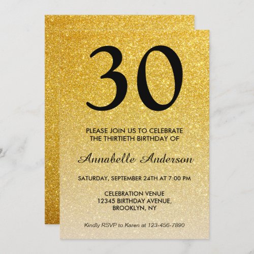 Any Age Black Gold Glitter Sparkle Ombre Birthday Invitation