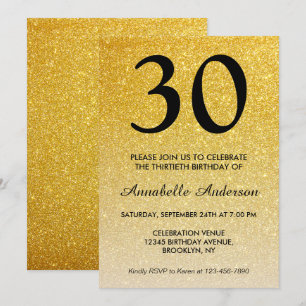 Any Age Black Gold Glitter Sparkle Ombre Birthday Invitation