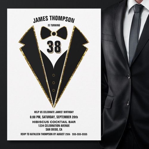 Any Age Black Gold Tuxedo Birthday Party Invitation