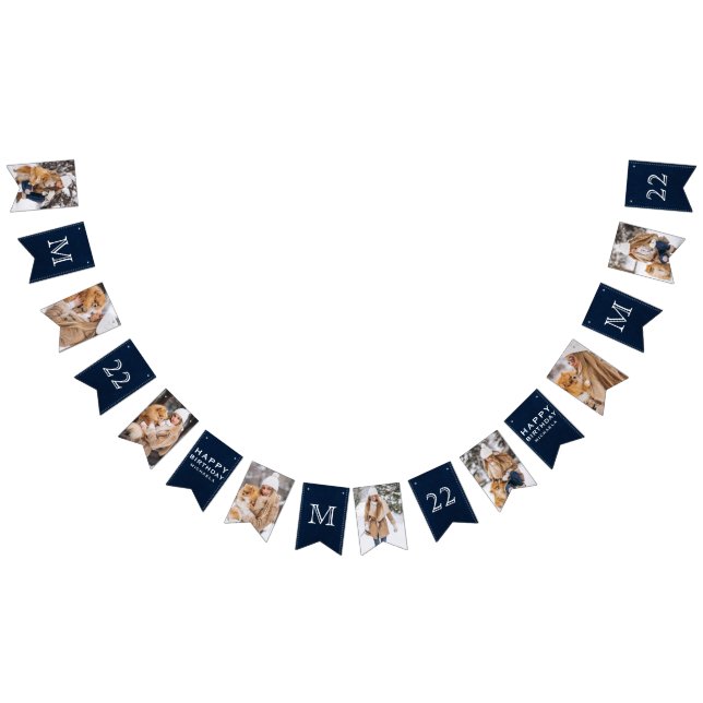 ANY AGE Blue Denim & White Initial Photo Birthday Bunting Flags (All)