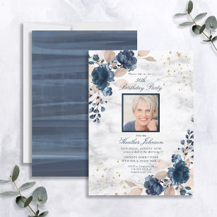 Any Age Blue Gold Floral Marble Photo Birthday Invitation