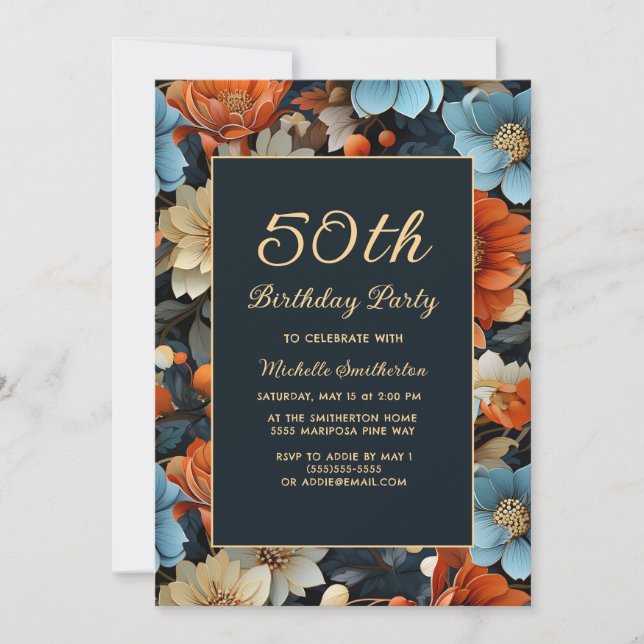 Any Age Blue Orange Flowers 50th Birthday Invitation (Front)