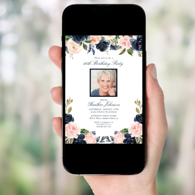 Any Age Blue Pink Floral Photo Birthday Party Invitation (Front Digital)