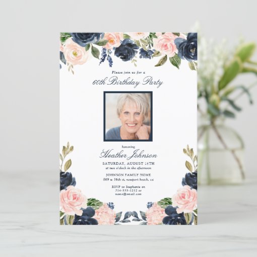 Any Age Blue Pink Floral Photo Birthday Party Invitation | Zazzle