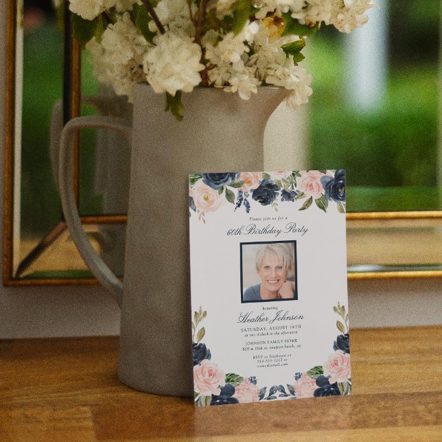 Any Age Blue Pink Floral Photo Birthday Party Invitation (Creator Uploaded)