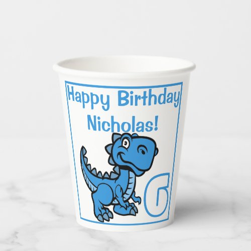 Any Age Blue T Rex Dinosaur Birthday Paper Cups
