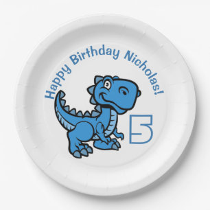 Any Age Blue T Rex Dinosaur Birthday Paper Plates