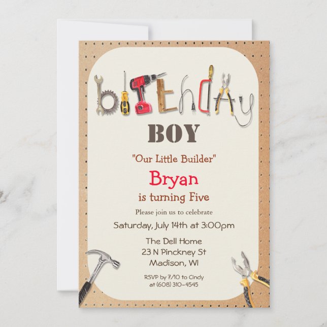 ANY AGE - Boy Builder Tool Birthday Invitation (Front)