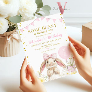 ANY AGE Bunny Pink Watercolor Wildflower Birthday  Invitation