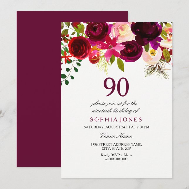 Any Age Burgundy Floral 90th Birthday Party Invite (Front/Back)