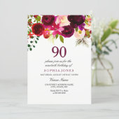 Any Age Burgundy Floral 90th Birthday Party Invite (Standing Front)