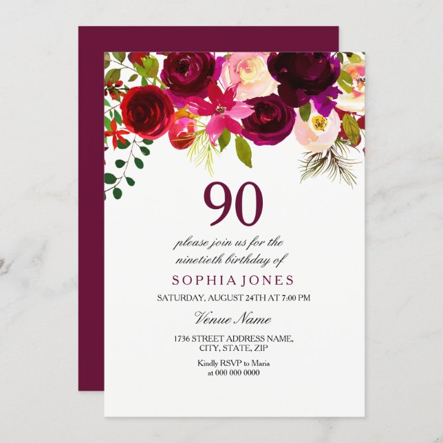 Any Age Burgundy Floral 90th Birthday Party Invite (Front/Back)