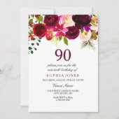 Any Age Burgundy Floral 90th Birthday Party Invite (Front)