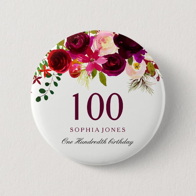 Any Age Burgundy Floral Boho 100th Birthday Party Button (Front)